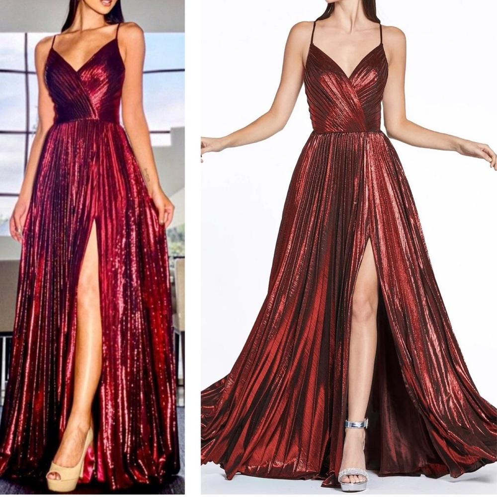 PLUS Cinderella Divine‎ Stunning Red Metallic Pleated High Slit Corset Back Gown